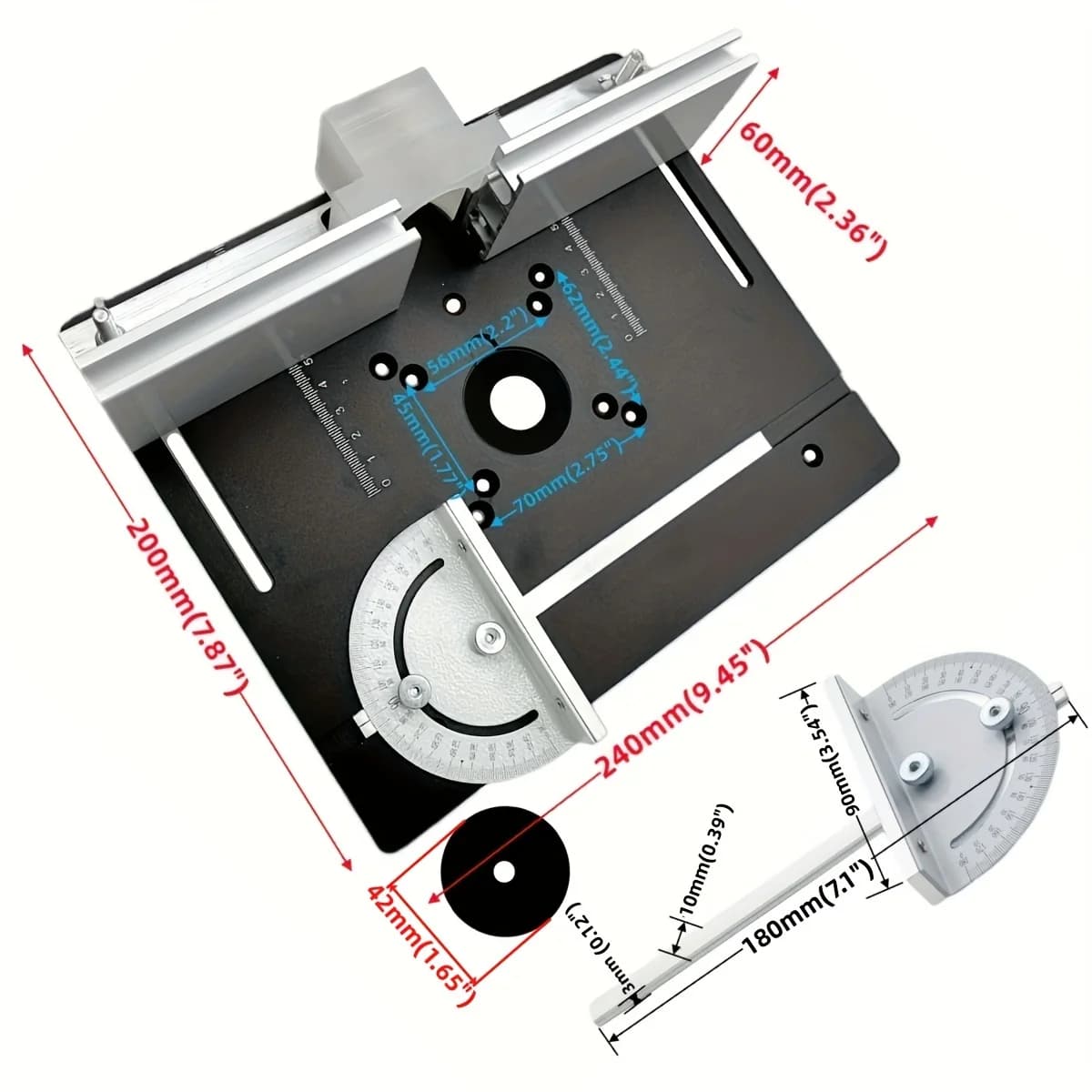 Plaque d'insertion en aluminium pour table de toupie avec fente d'onglet