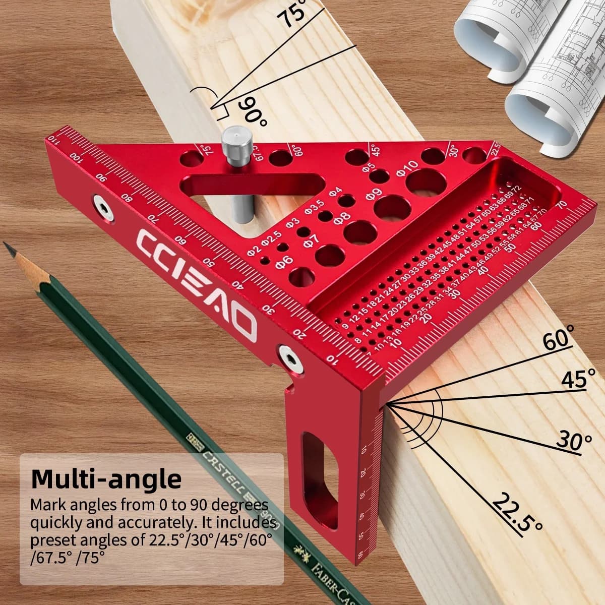 Équerre rapporteur multi-angle 3D impérial en aluminium pour le bois