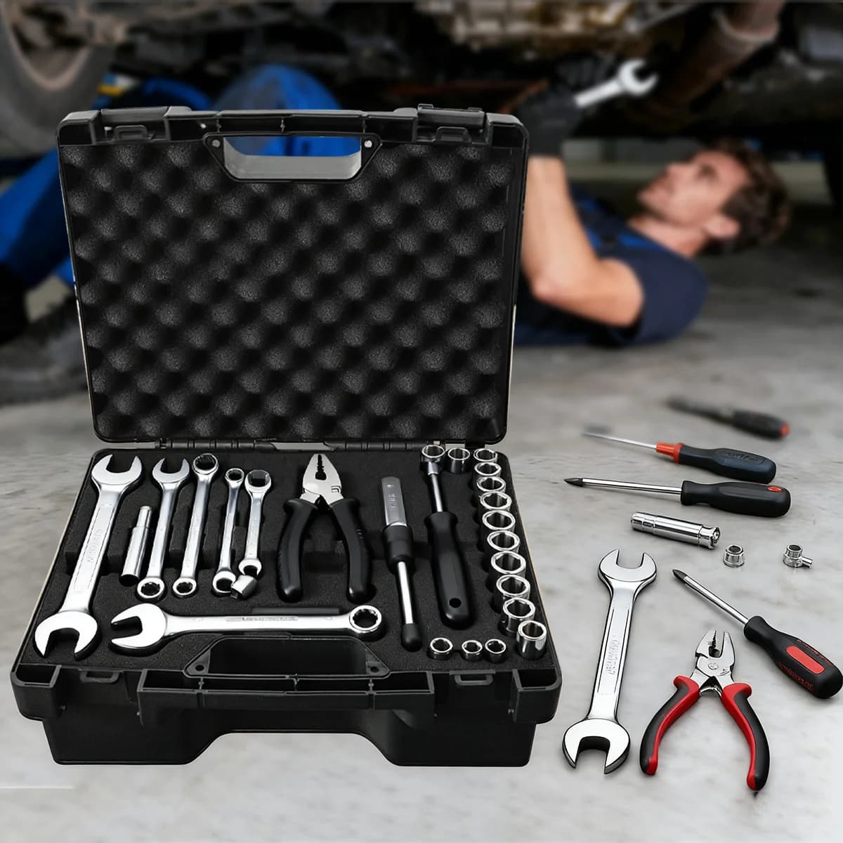 Boîte à outils portable en plastique pour réparation automobile avec mousse