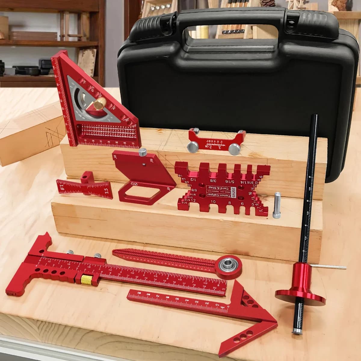 Kit d'équerres de menuiserie 10 pièces avec règle à tracer et compas