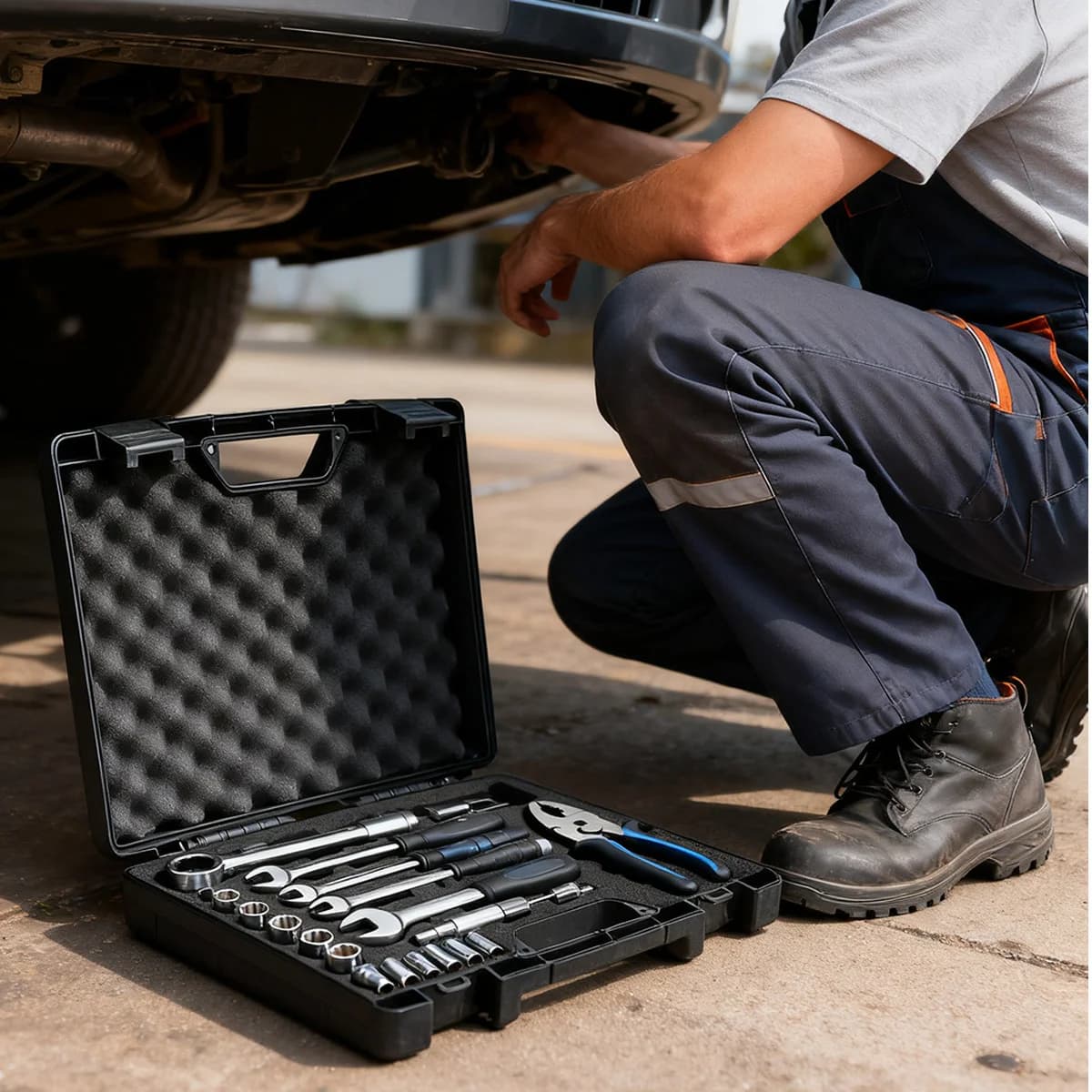 Boîte à outils portable en plastique pour réparation automobile avec mousse