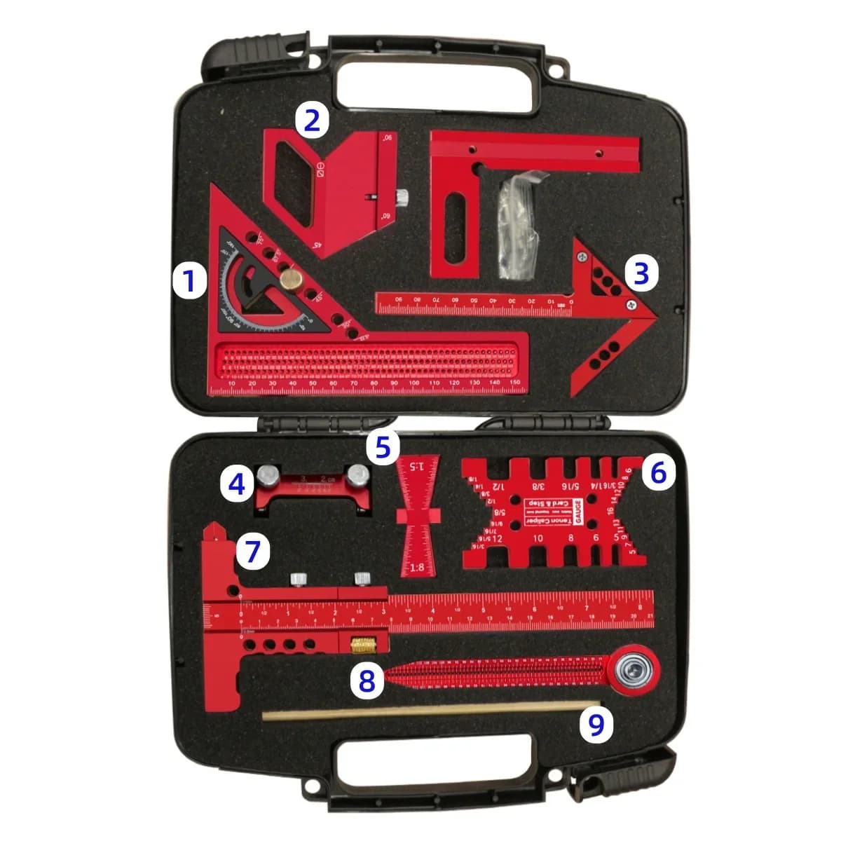 Kit de menuiserie à 9 pièces avec compas et guide d'affûtage
