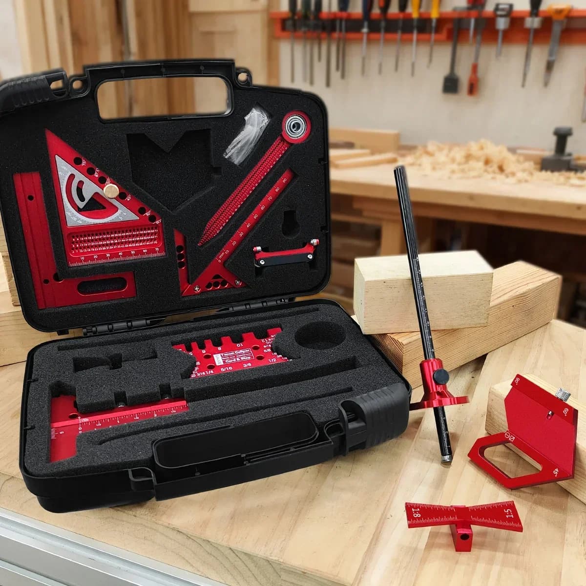 Kit de menuiserie à 9 pièces avec compas et guide d'affûtage